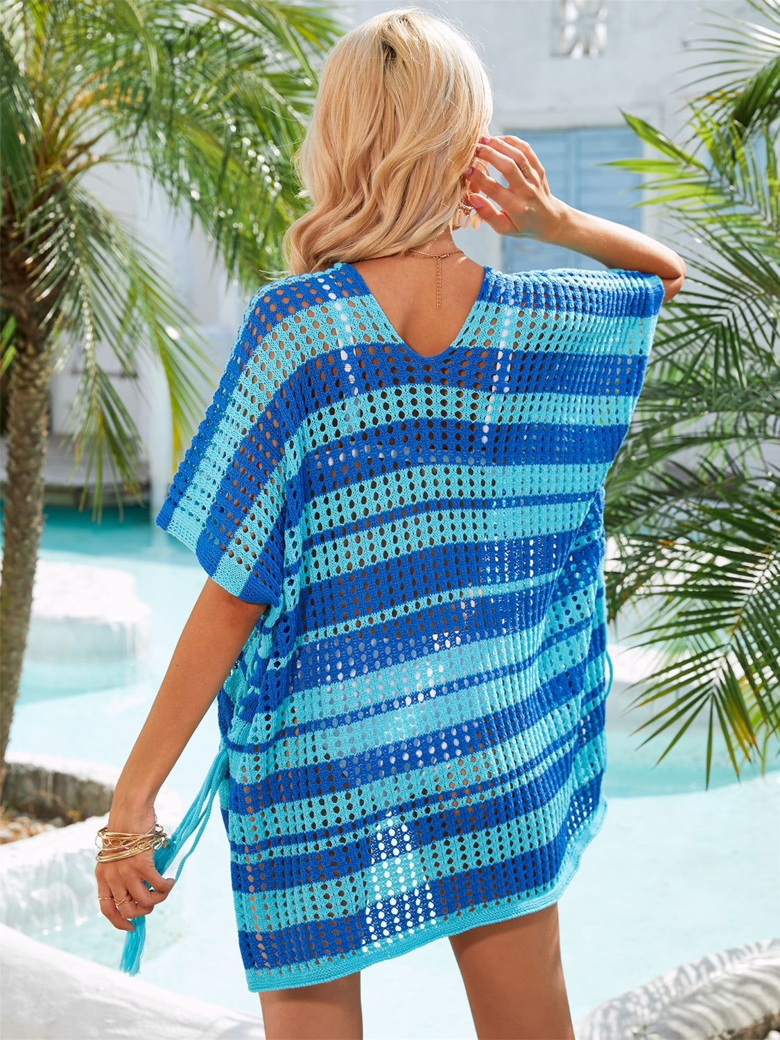 Angel Wings Tassel Openwork Striped V-Neck Cover Up.