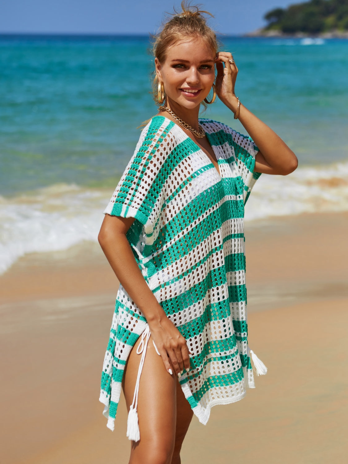 Angel Wings Tassel Openwork Striped V-Neck Cover Up.