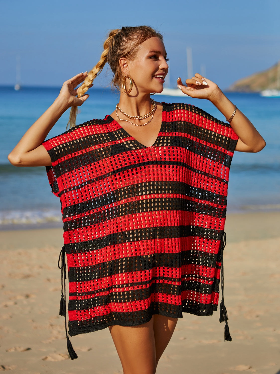 Angel Wings Tassel Openwork Striped V-Neck Cover Up.