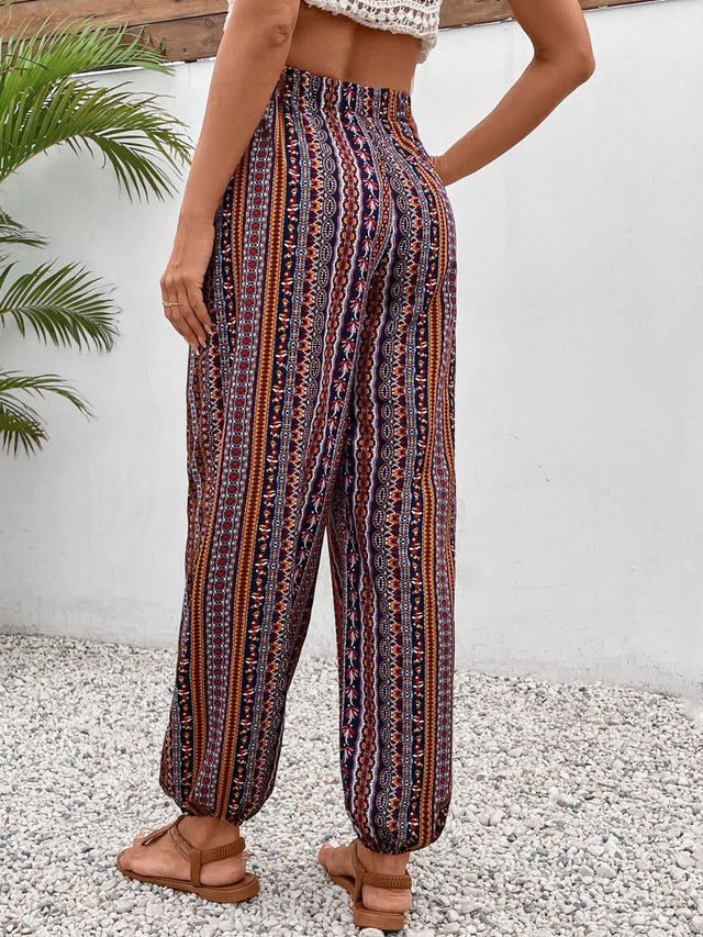 Tassel printed high waist pants with tie, opaque.