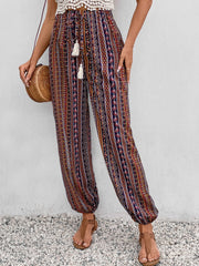 Tassel printed high waist pants with tie, opaque.