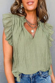 Tassel Tie Neck Flutter Sleeve Textured Blouse.