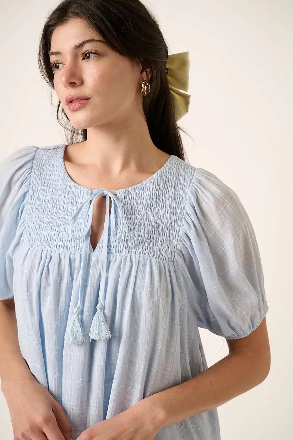 Mittoshop Tassel Tie Plaid Gauze Short Sleeve Mini Dress.