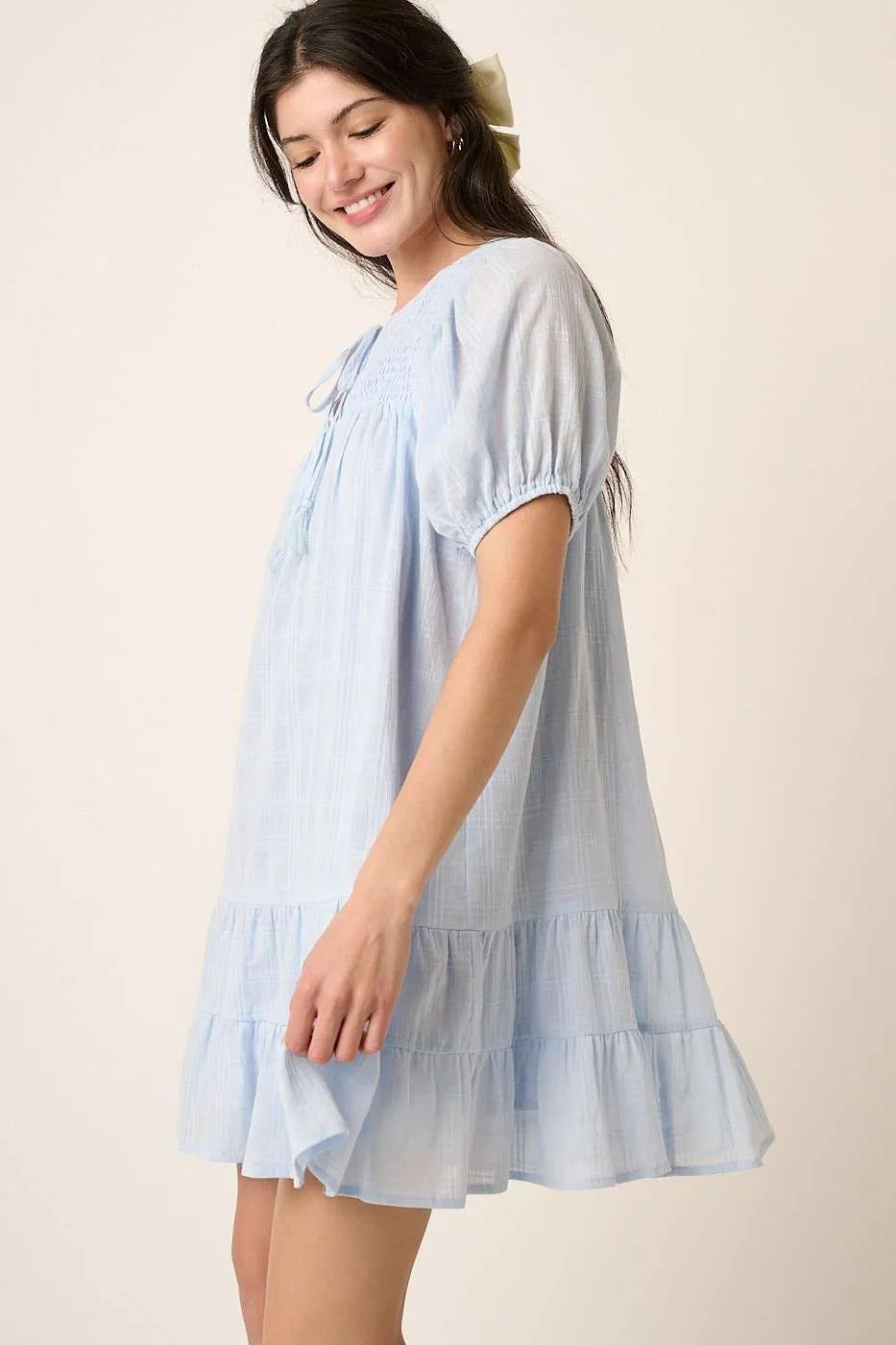 Mittoshop Tassel Tie Plaid Gauze Short Sleeve Mini Dress.