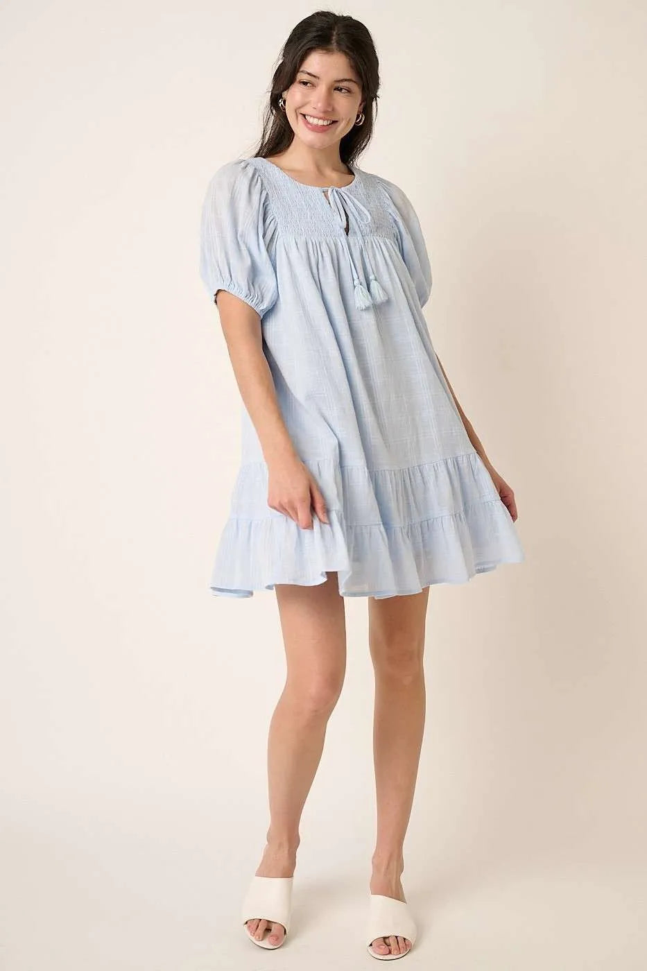 Mittoshop Tassel Tie Plaid Gauze Short Sleeve Mini Dress.