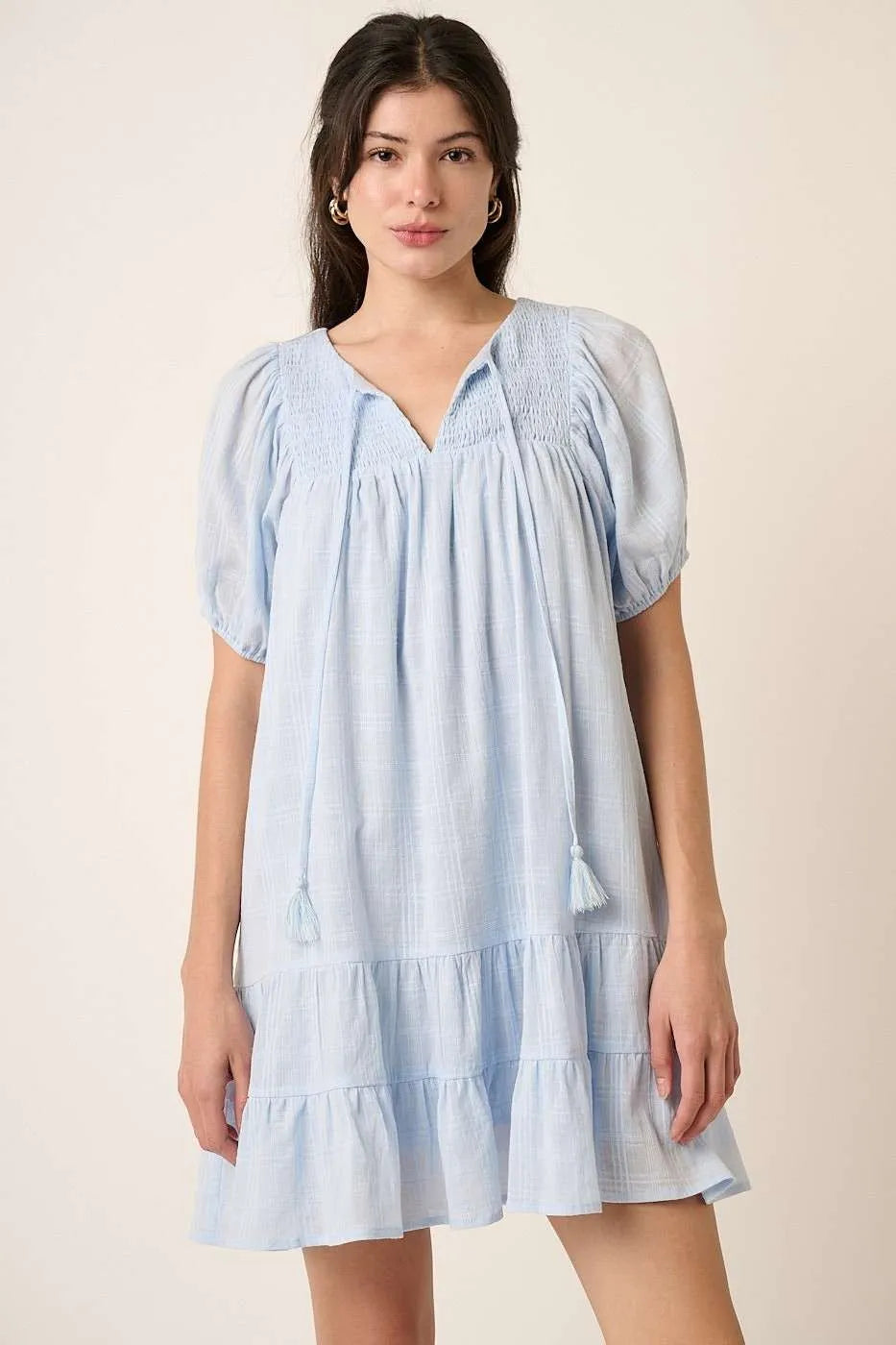 Mittoshop Tassel Tie Plaid Gauze Short Sleeve Mini Dress.