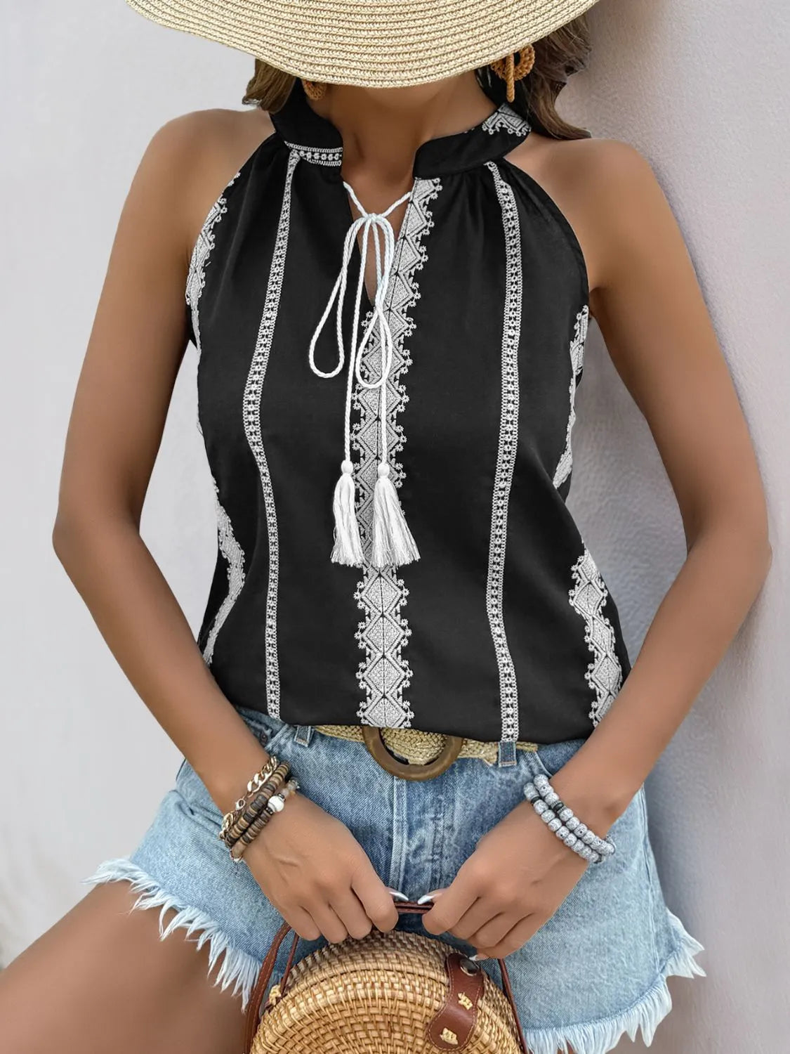 Tassel tied embroidered tank.