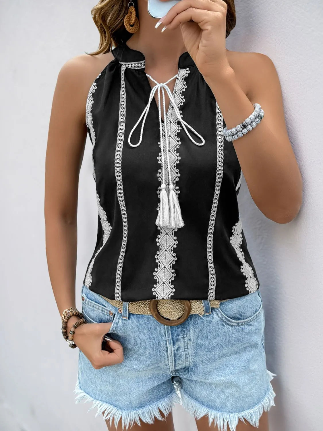 Tassel tied embroidered tank.