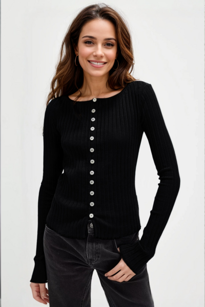 Basic Bae Texture Button Up Round Neck Long Sleeve Top.