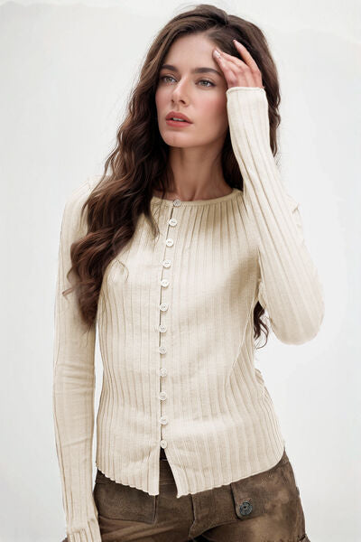Basic Bae Texture Button Up Round Neck Long Sleeve Top.