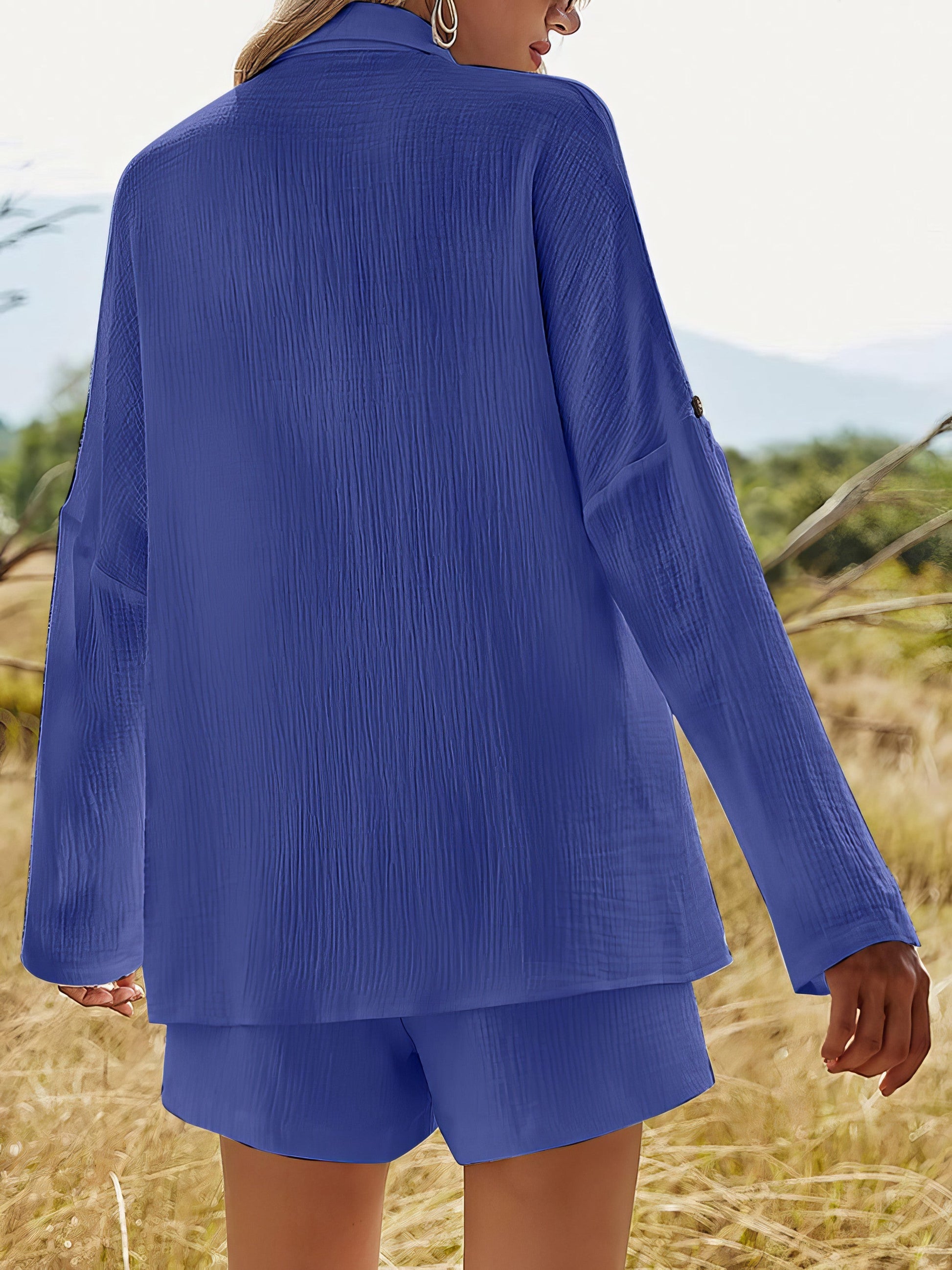 Women's texture button-up shirt and shorts set