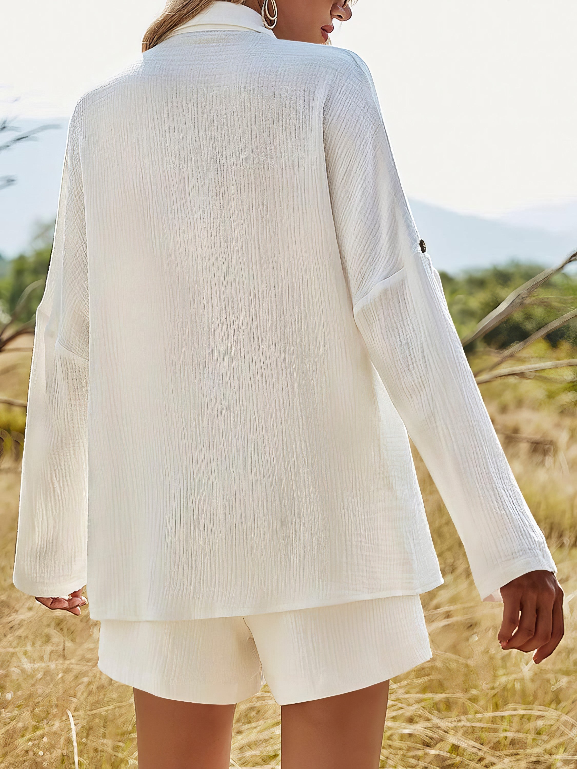 Women's texture button-up shirt and shorts set