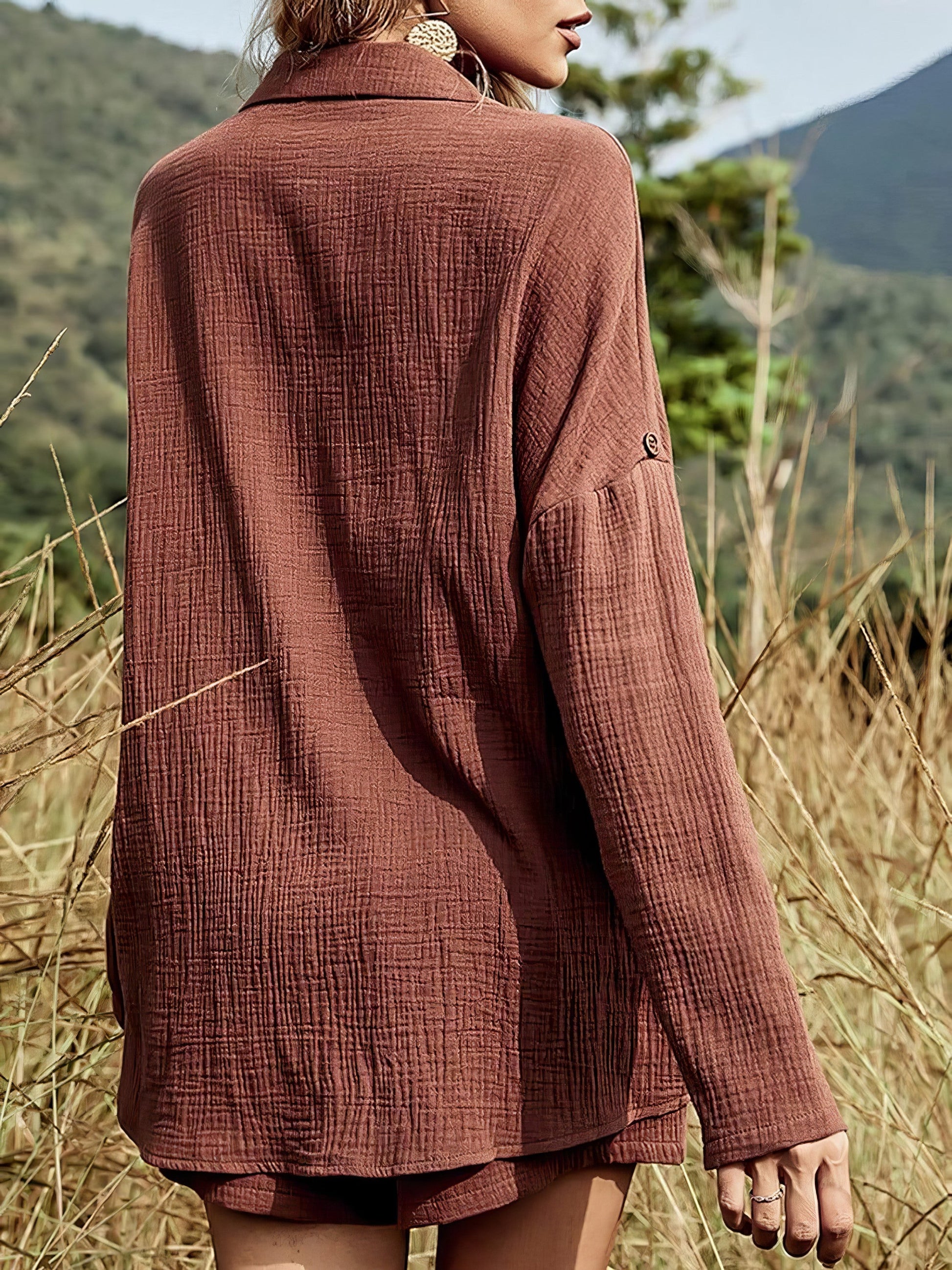 Women's texture button-up shirt and shorts set