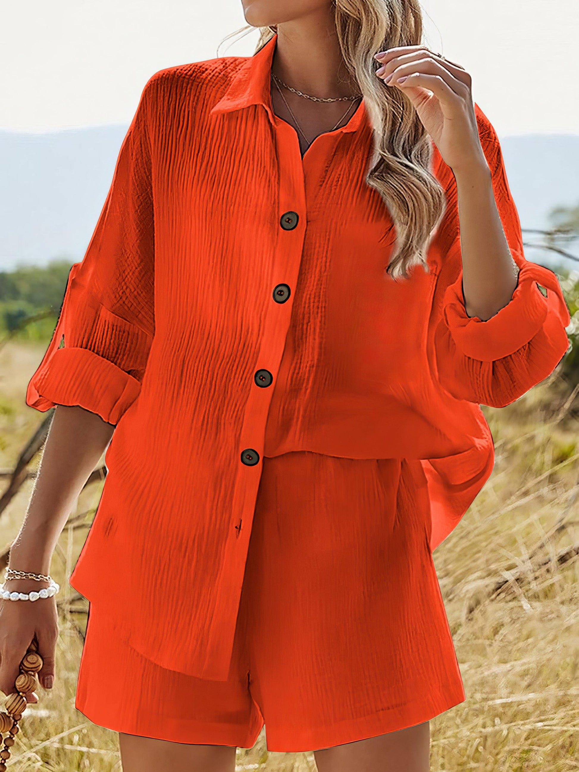Women's texture button-up shirt and shorts set