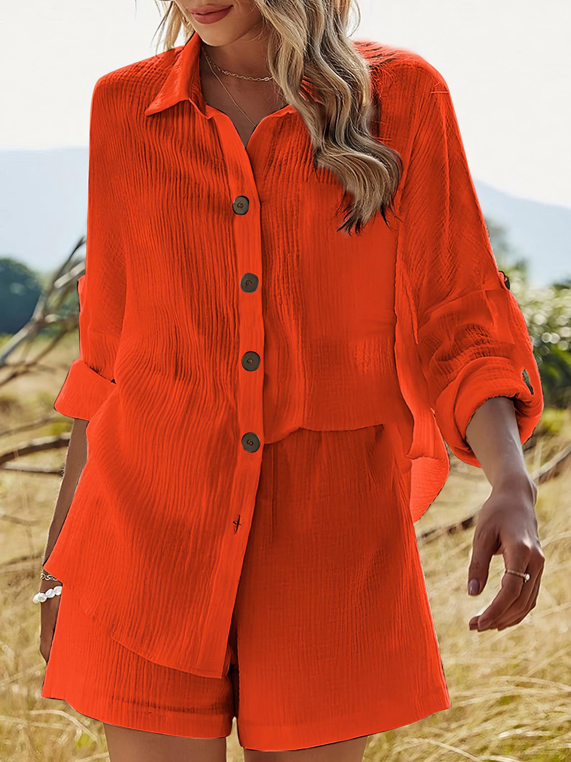 Women's texture button-up shirt and shorts set