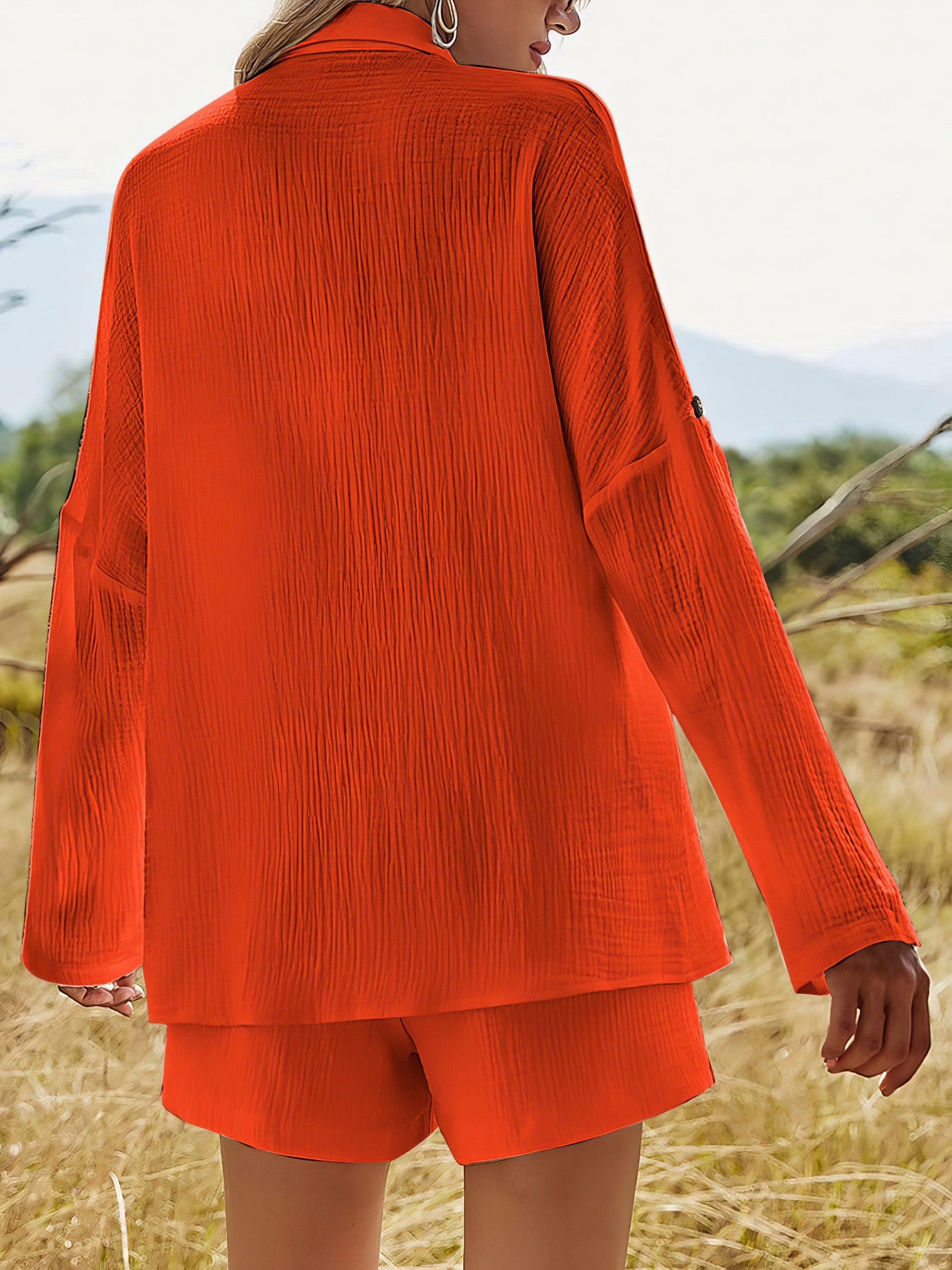 Women's texture button-up shirt and shorts set