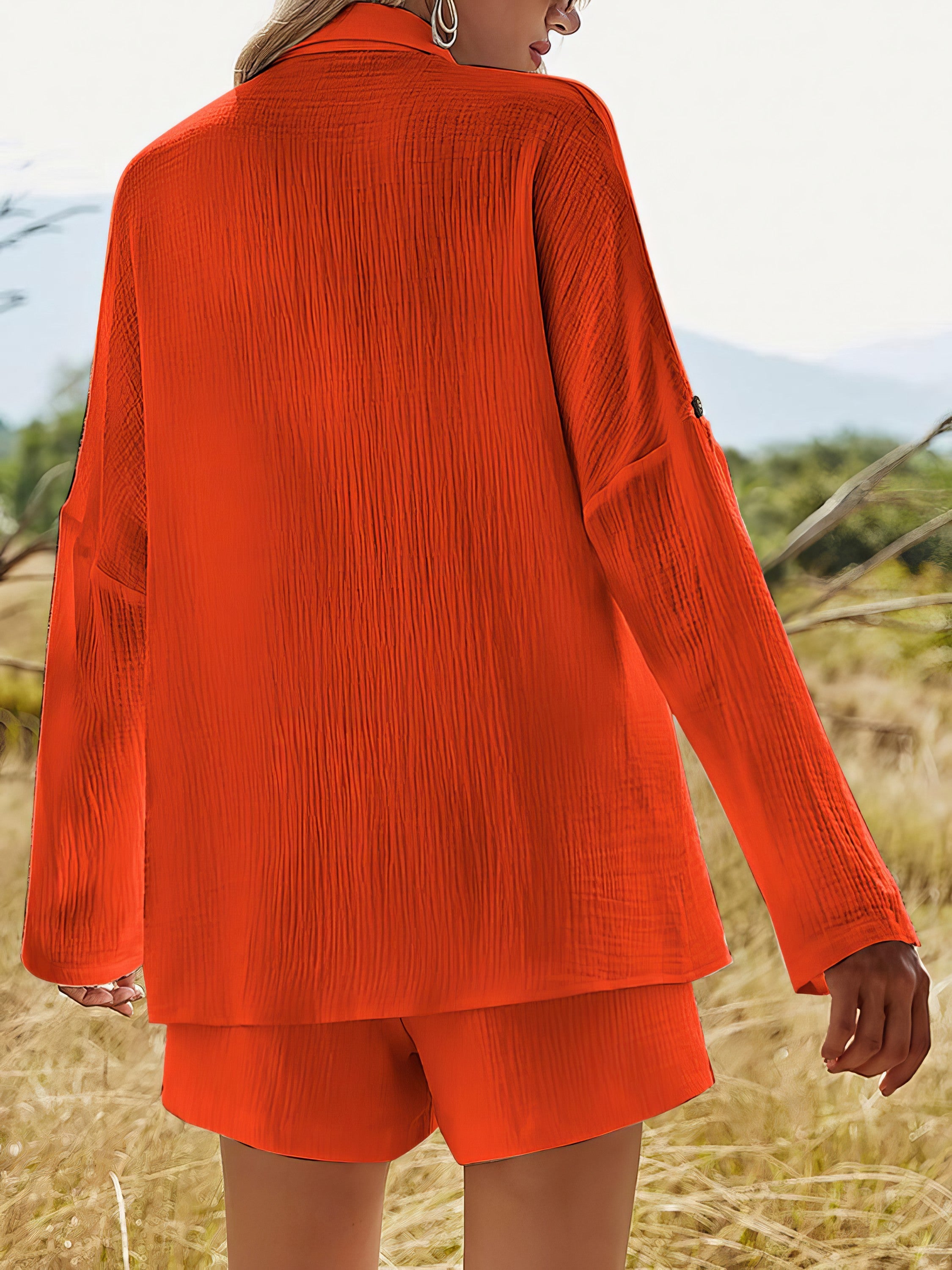 Women's texture button-up shirt and shorts set