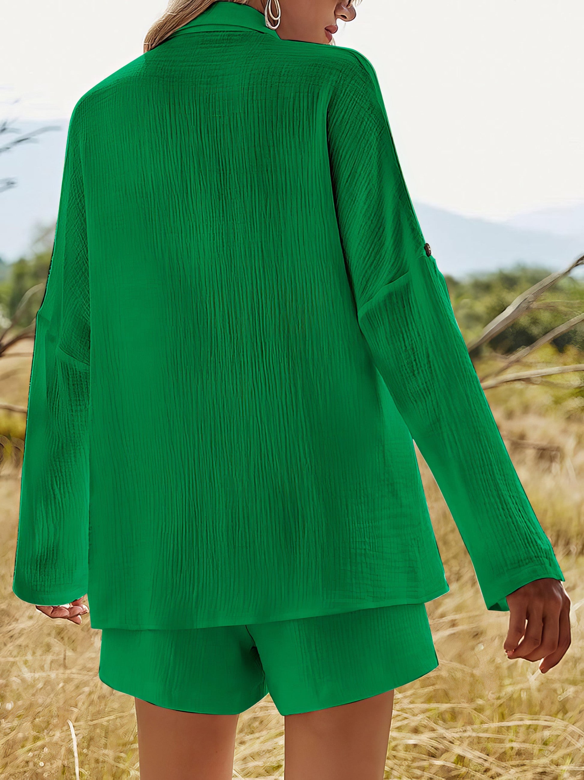 Women's texture button-up shirt and shorts set