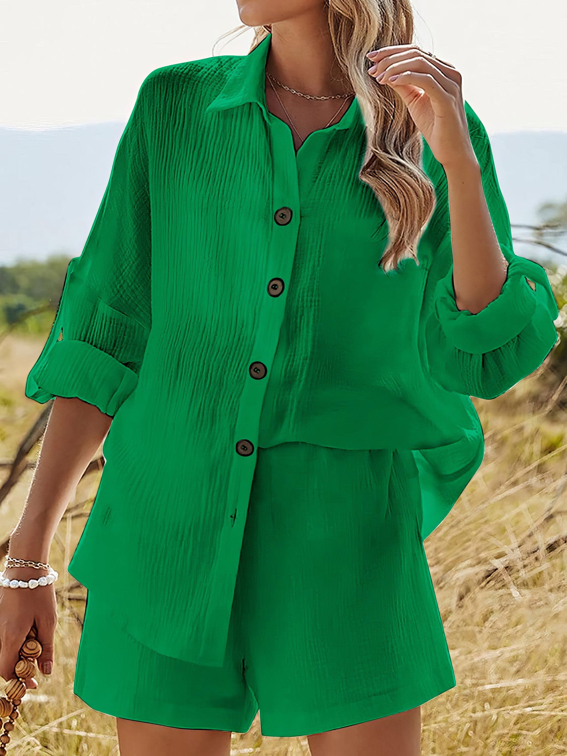 Women's texture button-up shirt and shorts set