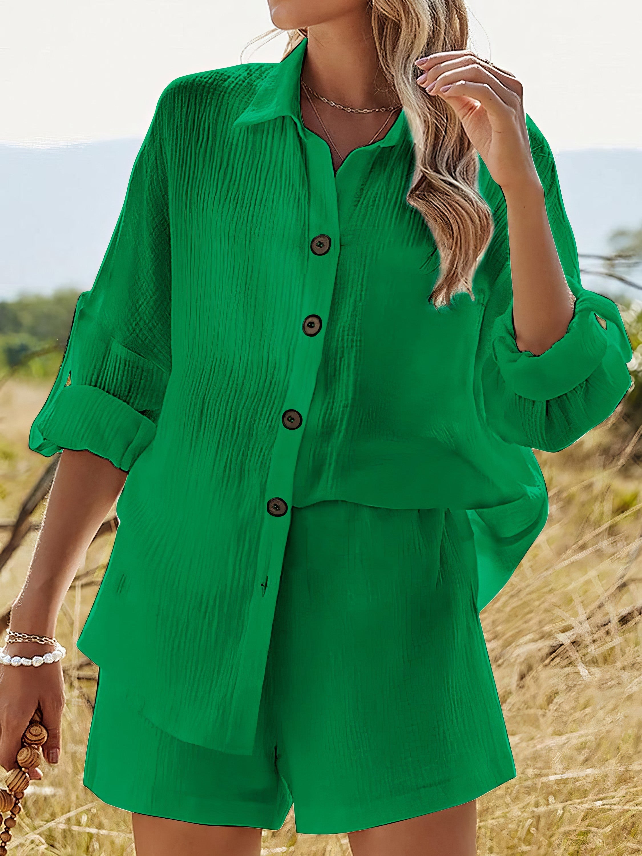 Women's texture button-up shirt and shorts set