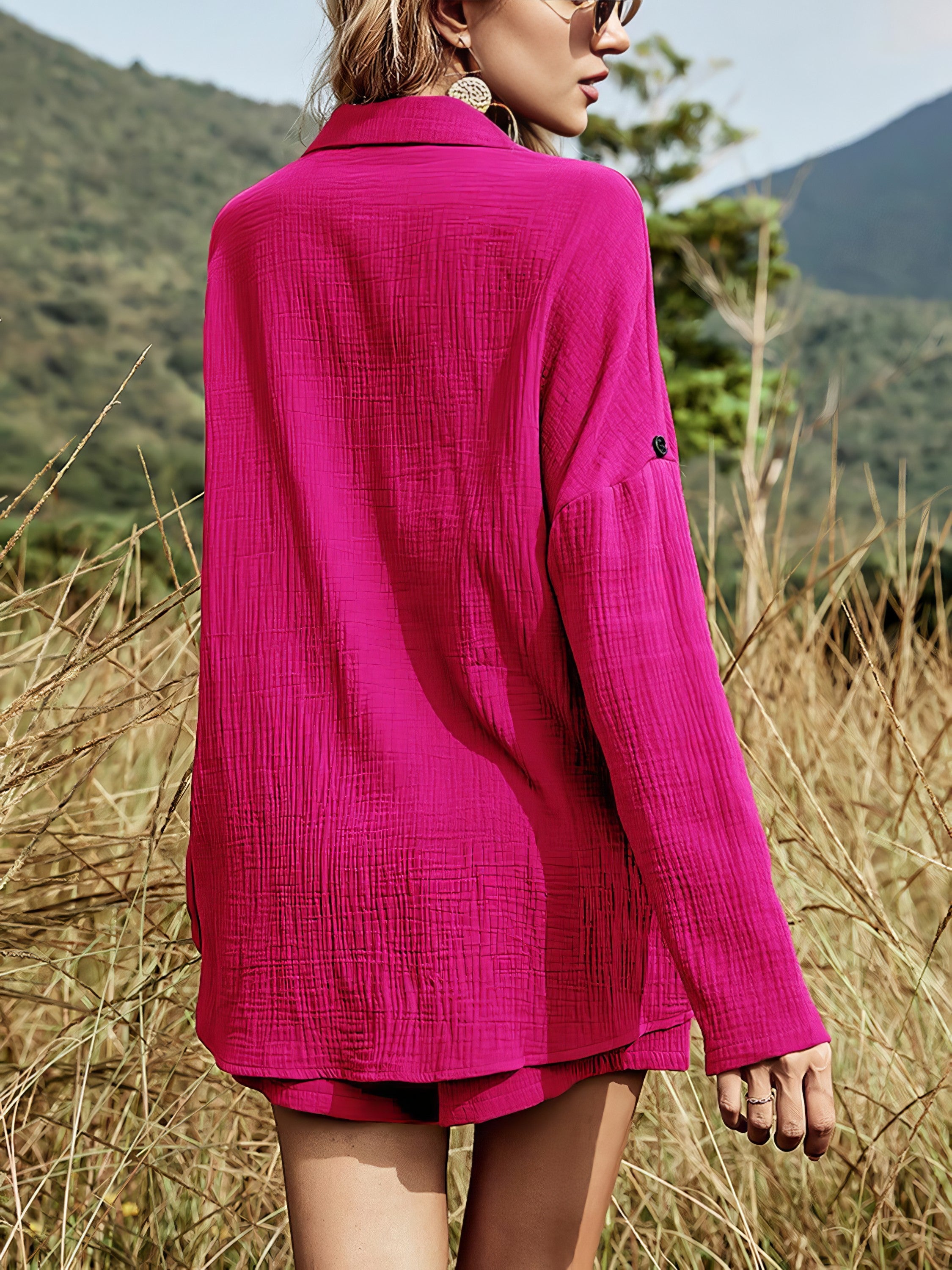 Women's texture button-up shirt and shorts set