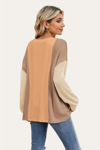 Texture Contrast Round Neck Long Sleeve T-Shirt