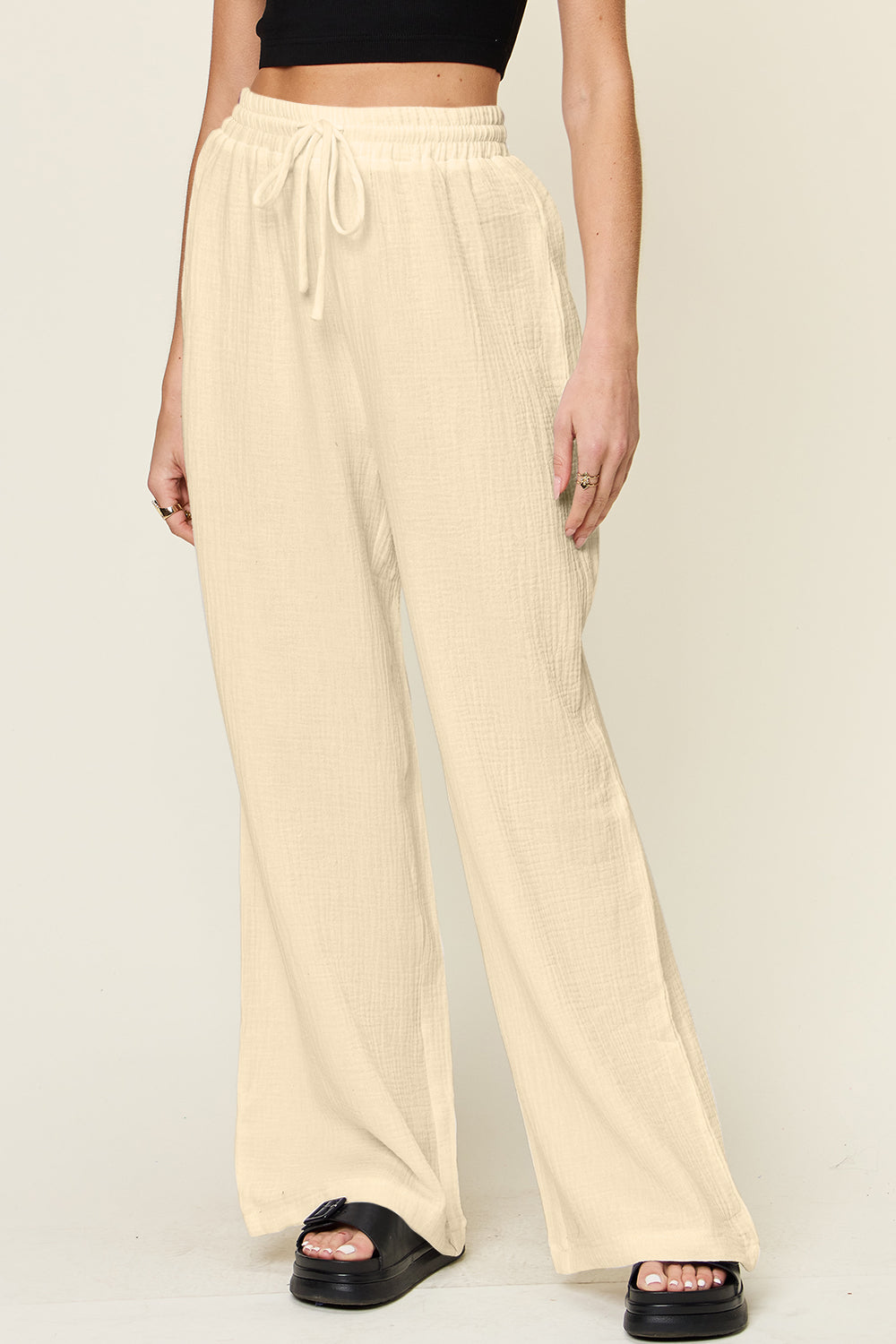 Texture drawstring wide leg pants, opaque.