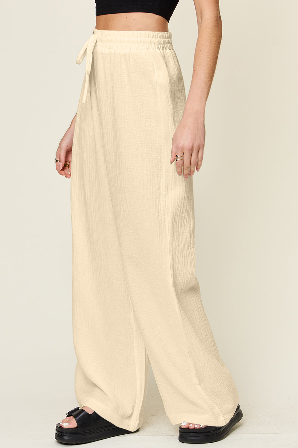 Texture drawstring wide leg pants, opaque.