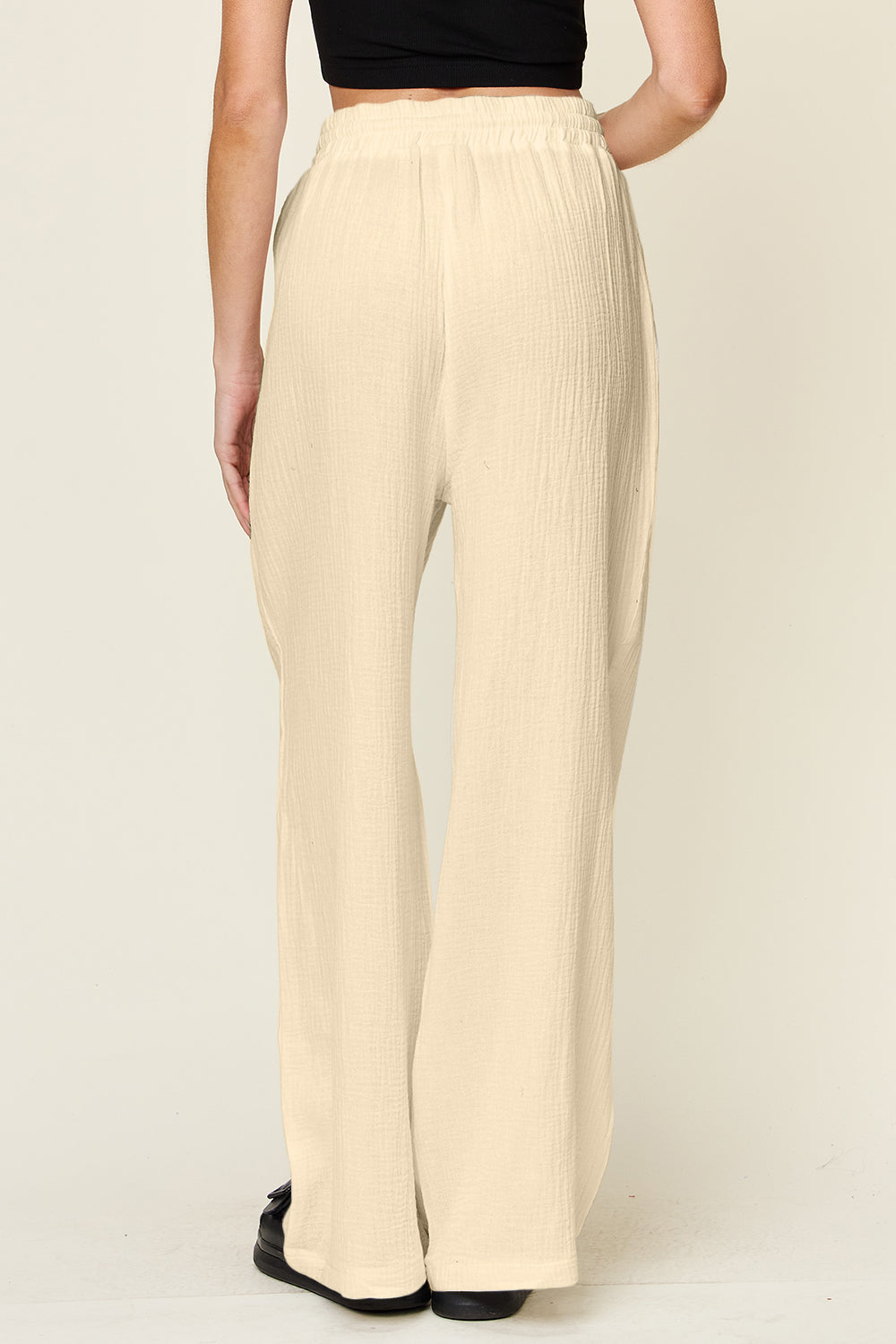 Texture drawstring wide leg pants, opaque.
