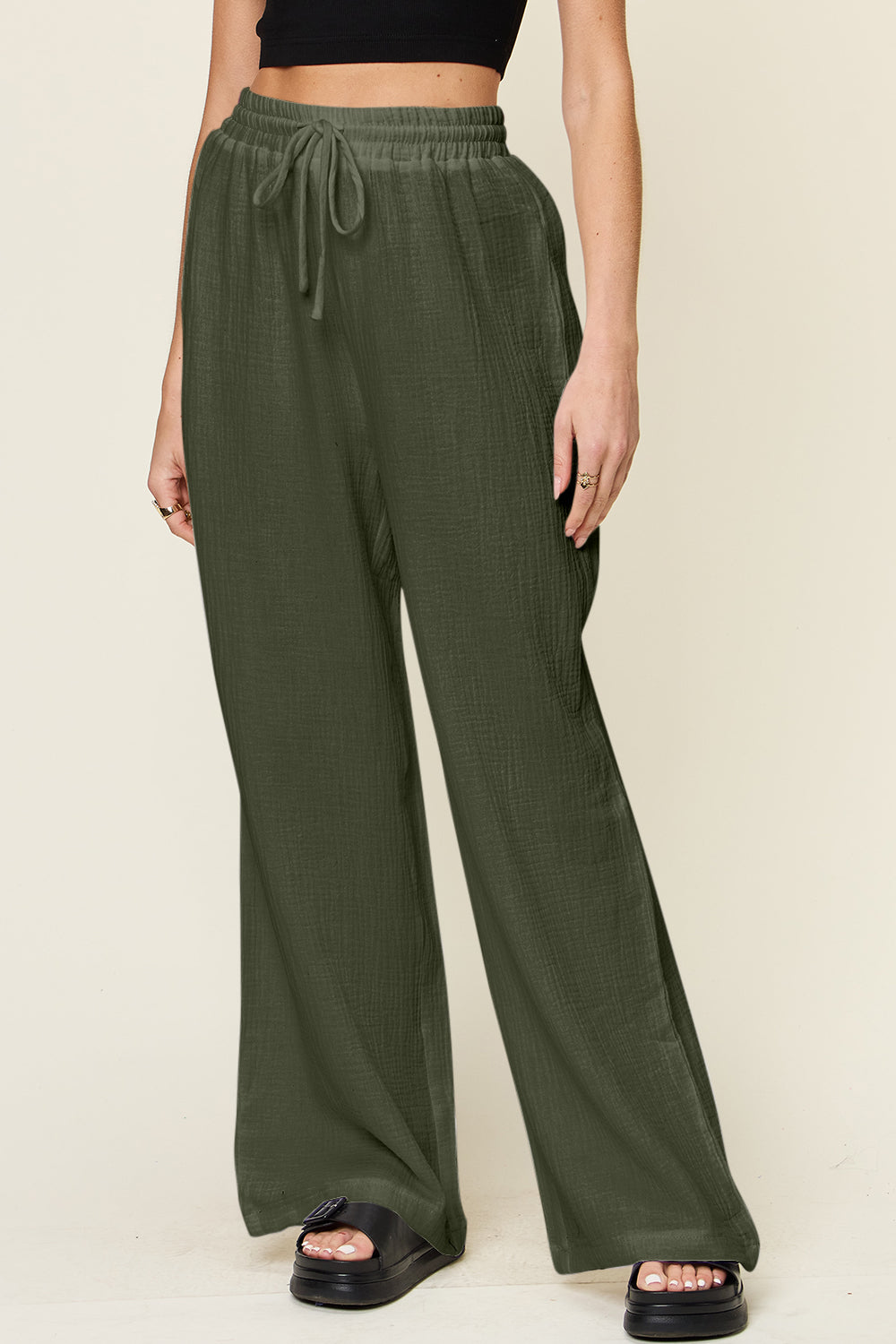 Texture drawstring wide leg pants, opaque.