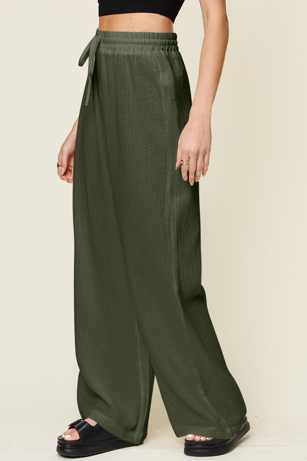 Texture drawstring wide leg pants, opaque.