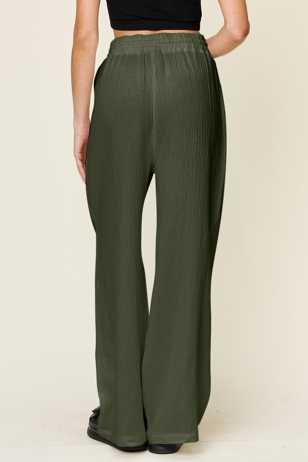 Texture drawstring wide leg pants, opaque.