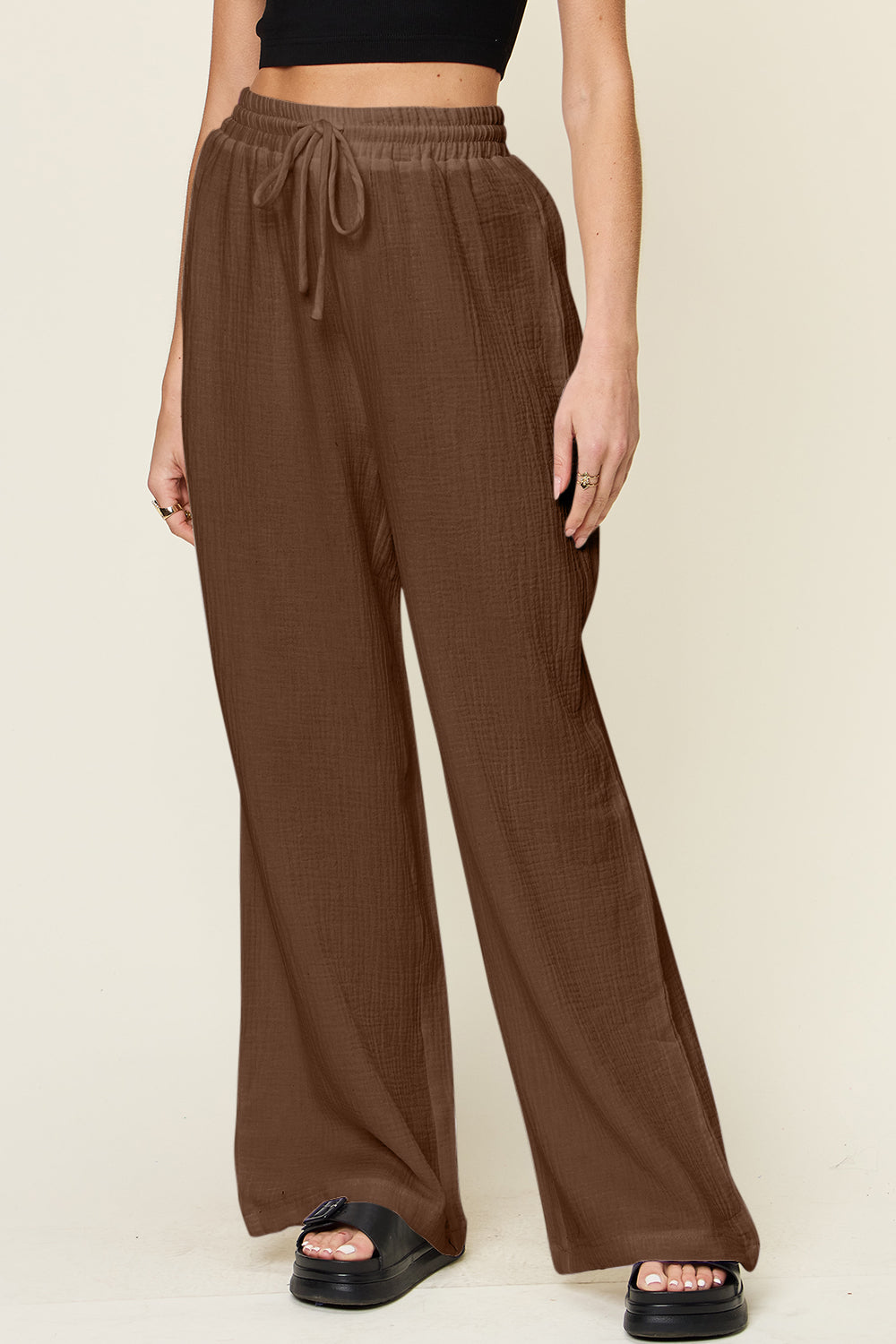 Texture drawstring wide leg pants, opaque.