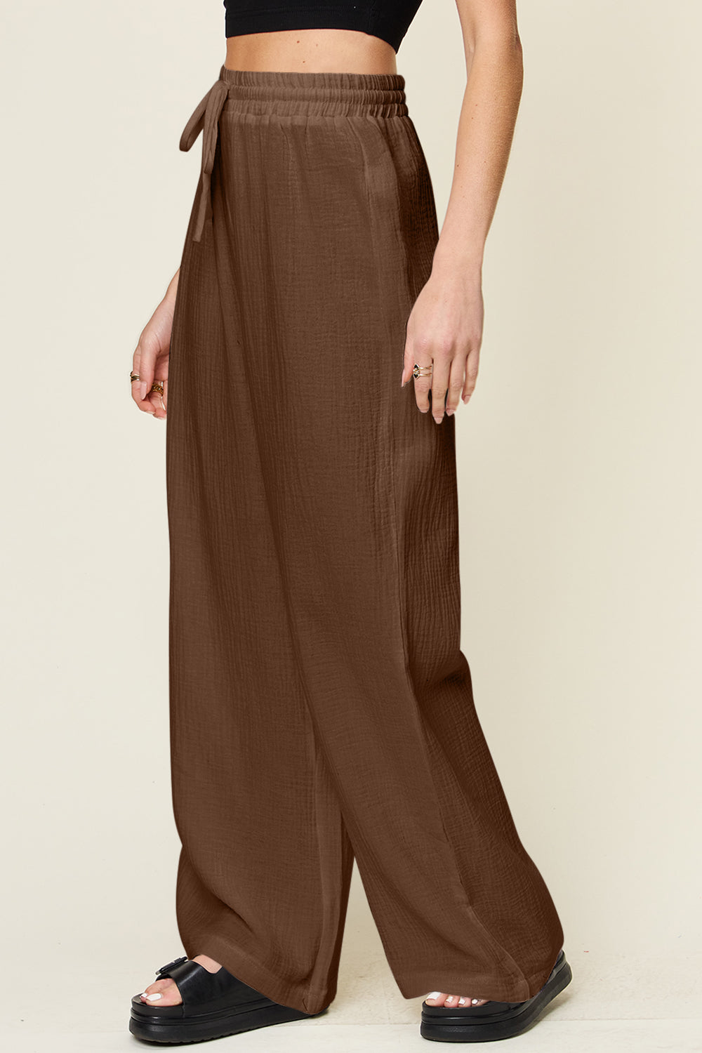 Texture drawstring wide leg pants, opaque.