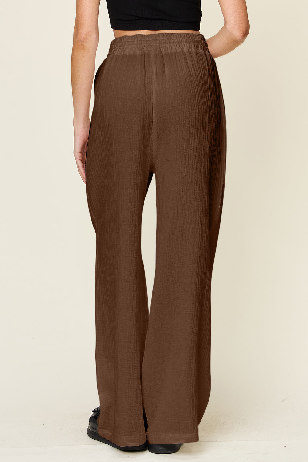 Texture drawstring wide leg pants, opaque.