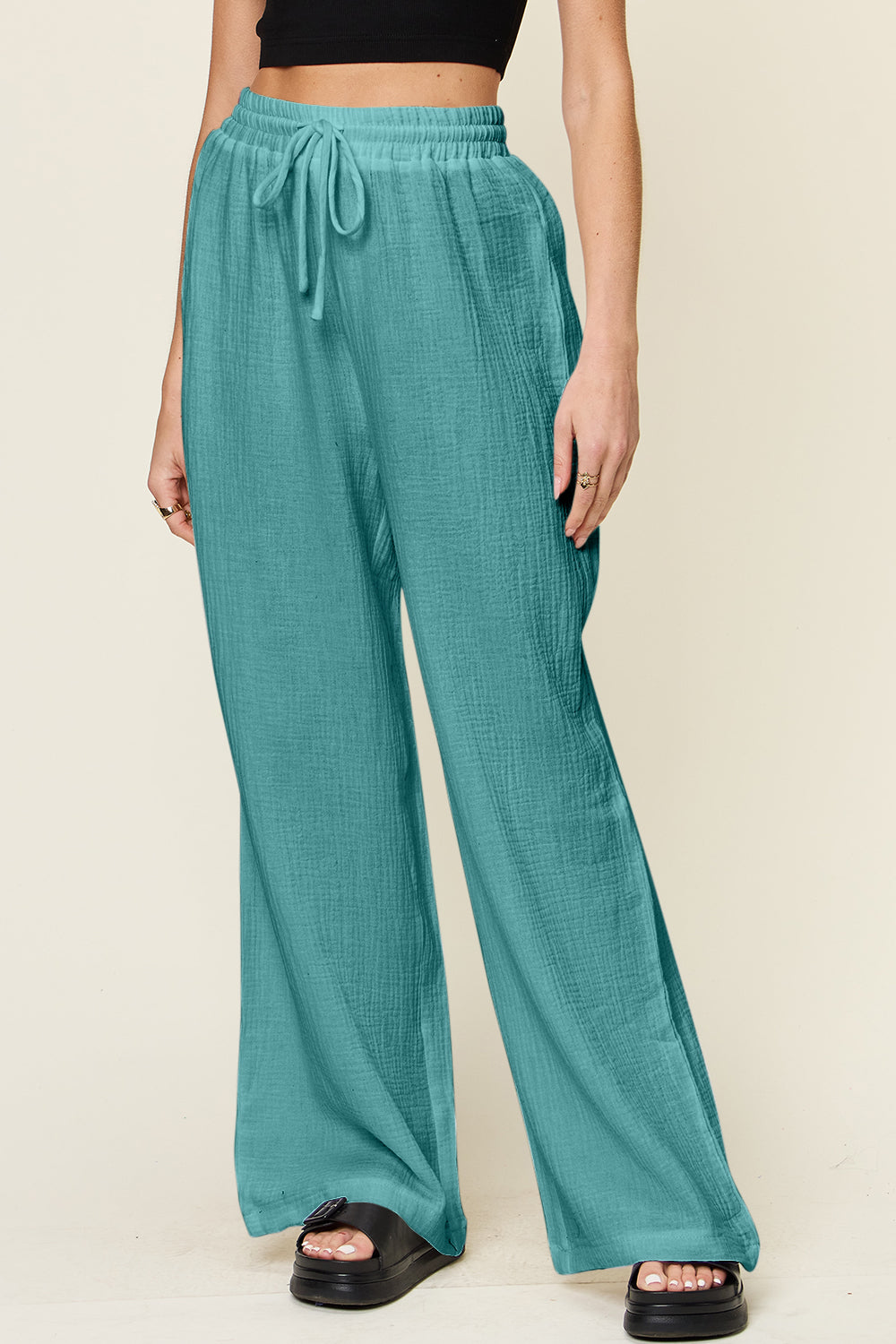 Texture drawstring wide leg pants, opaque.