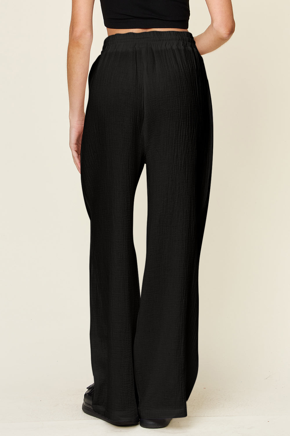 Texture drawstring wide leg pants, opaque.