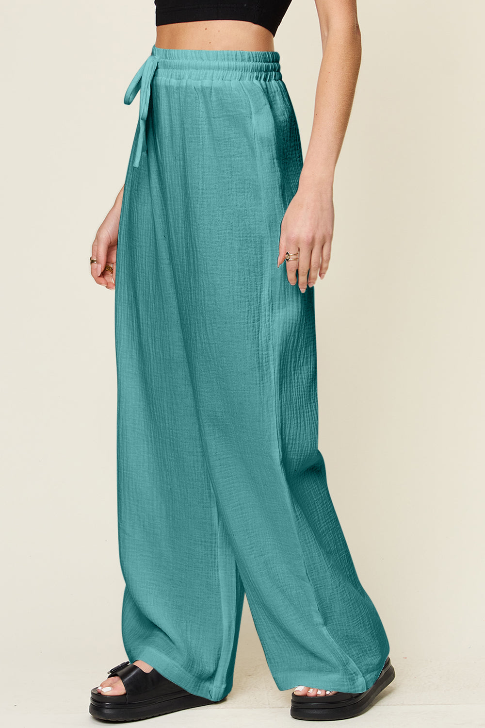 Texture drawstring wide leg pants, opaque.