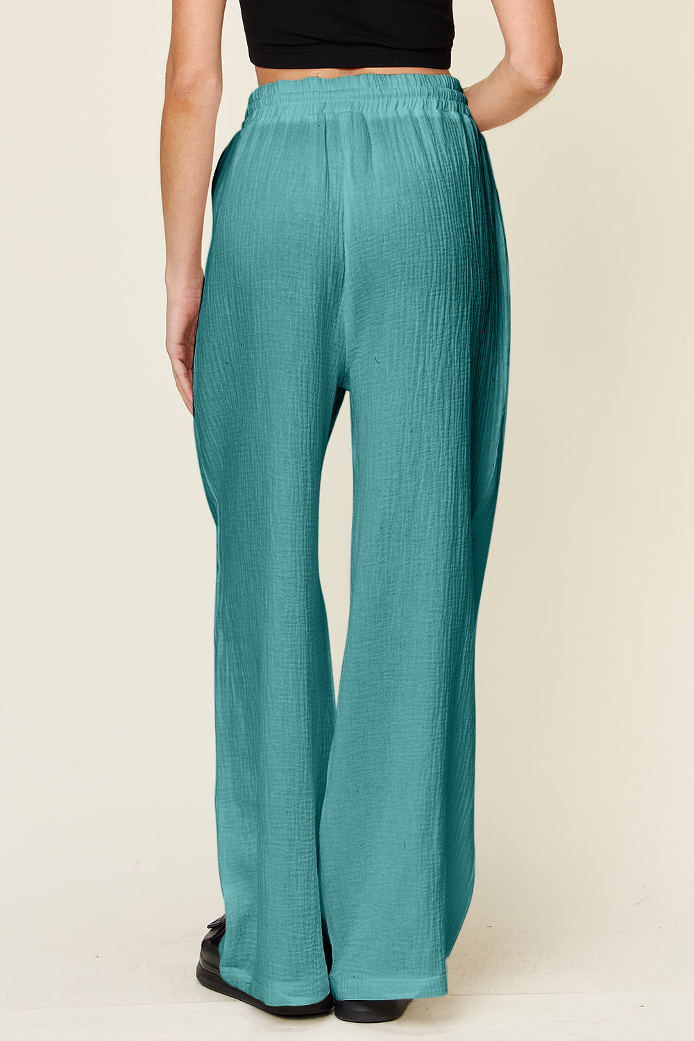 Texture drawstring wide leg pants, opaque.