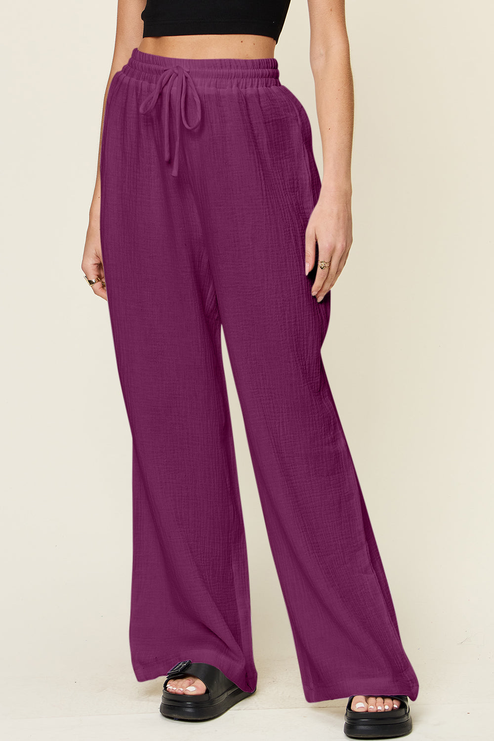Texture drawstring wide leg pants, opaque.