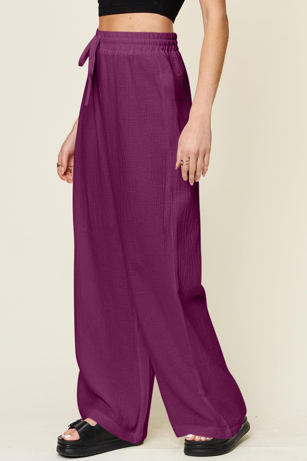 Texture drawstring wide leg pants, opaque.