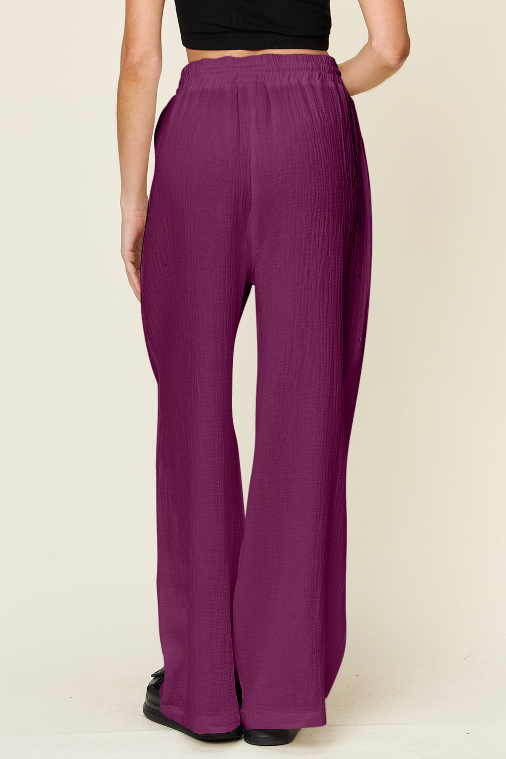 Texture drawstring wide leg pants, opaque.