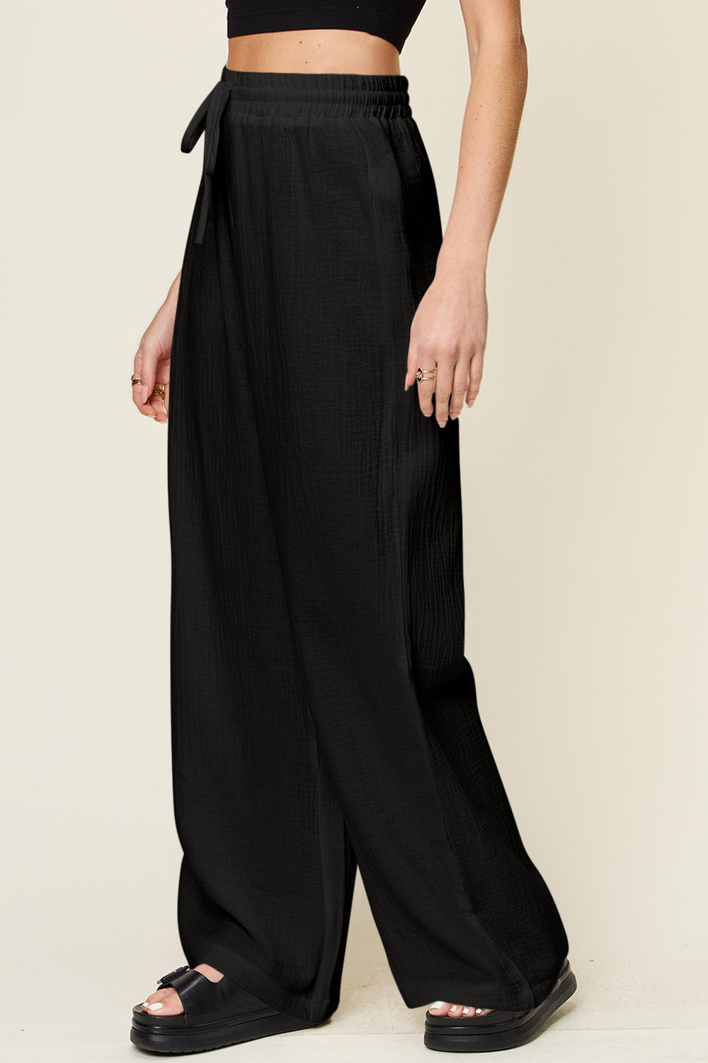 Texture drawstring wide leg pants, opaque.