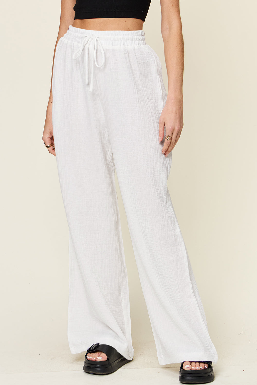 Texture drawstring wide leg pants, opaque.