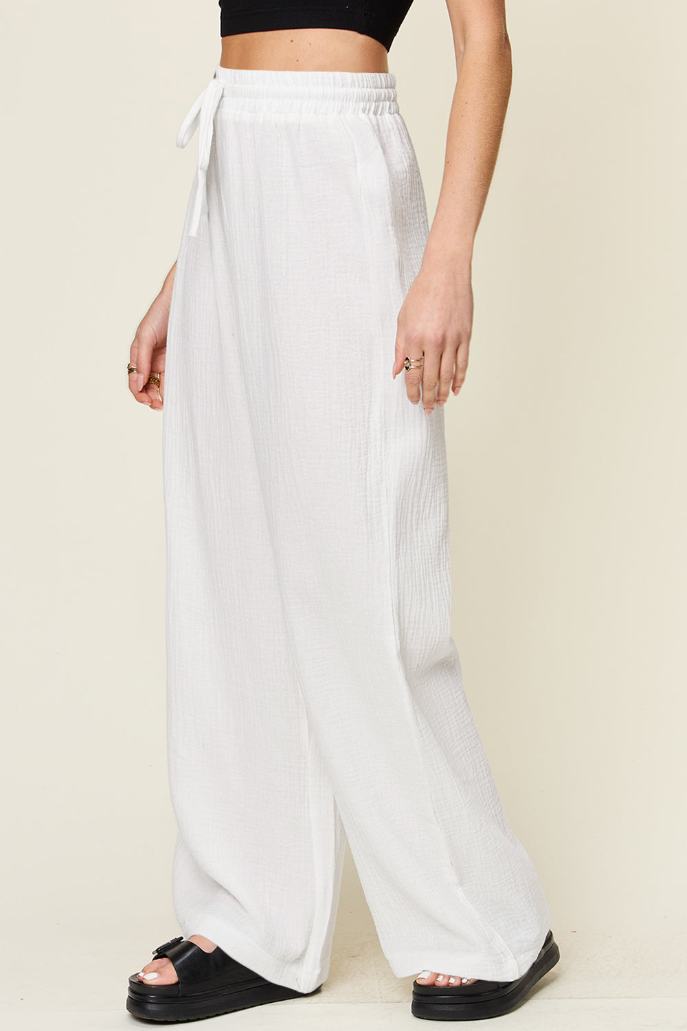 Texture drawstring wide leg pants, opaque.