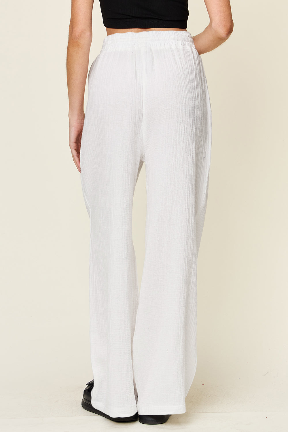 Texture drawstring wide leg pants, opaque.