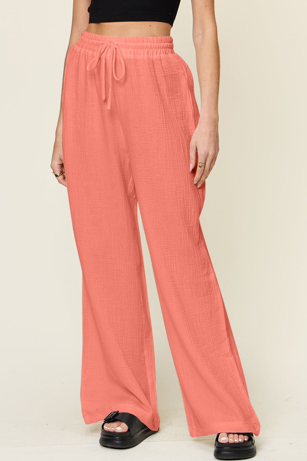 Texture drawstring wide leg pants, opaque.