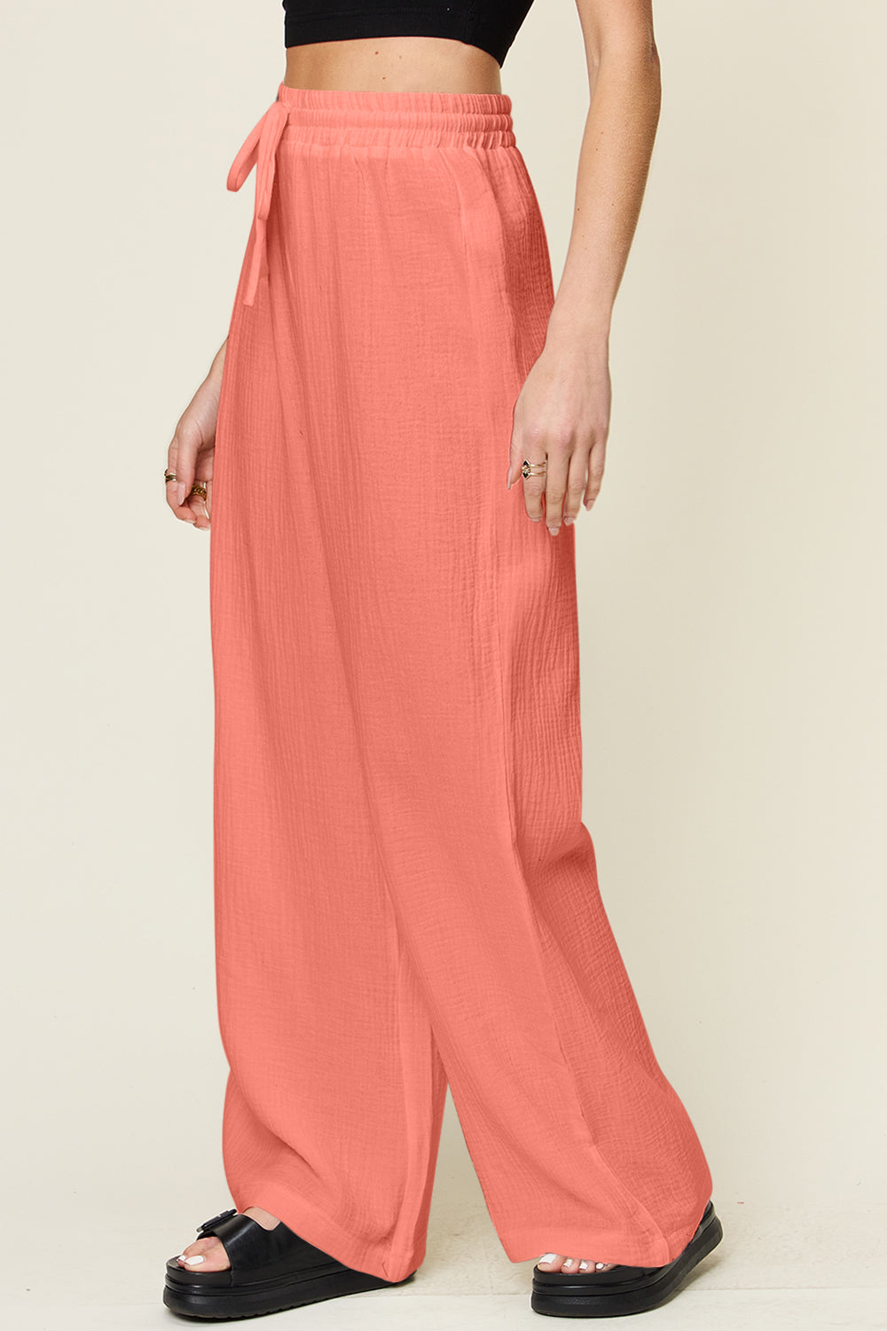 Texture drawstring wide leg pants, opaque.