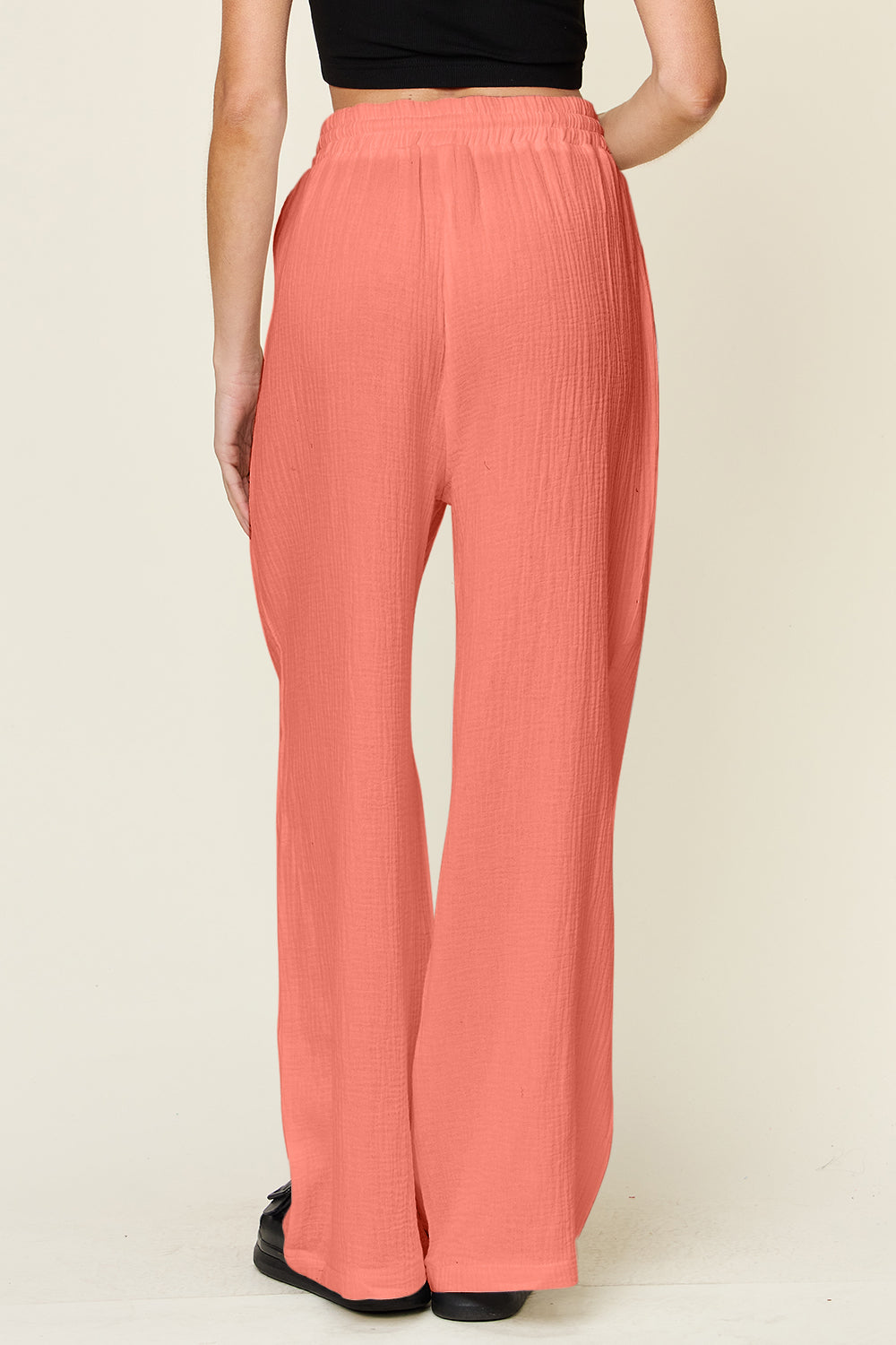 Texture drawstring wide leg pants, opaque.