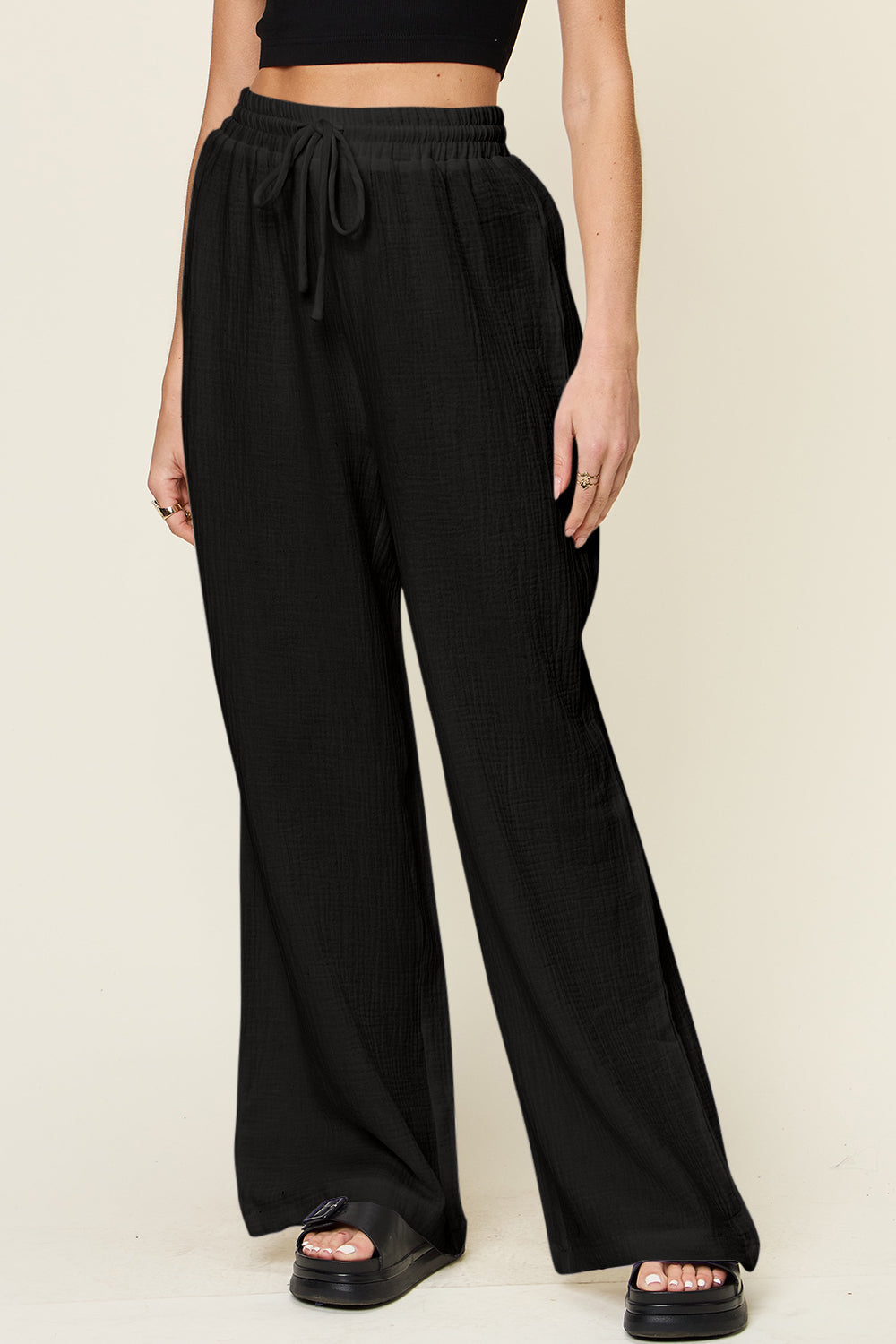 Texture drawstring wide leg pants, opaque.
